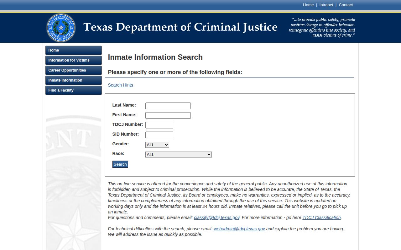 TDCJ current inmate search fields for Gray County release verification