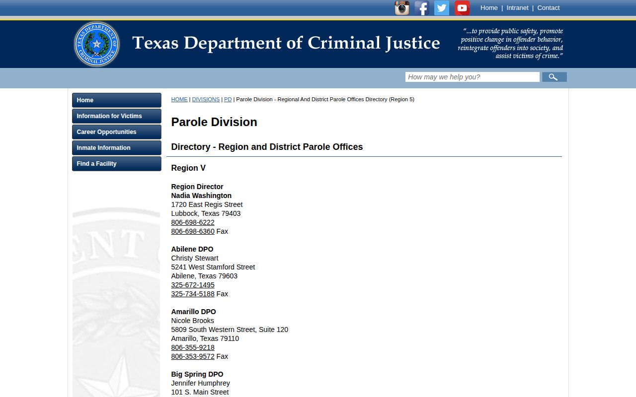 Amarillo office contact for Gray County parole records