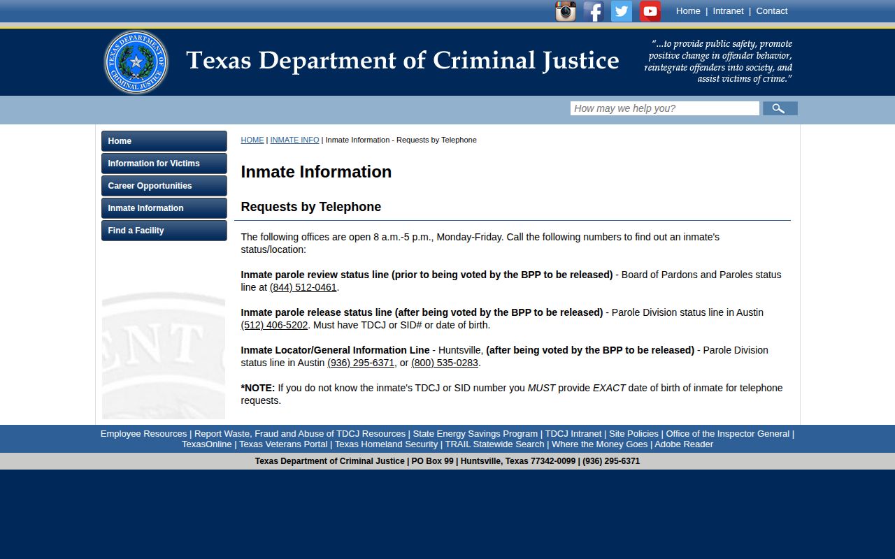 Gray County parole release status telephone channels