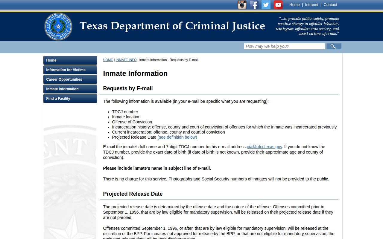 Requestable TDCJ projected release fields for Gray County